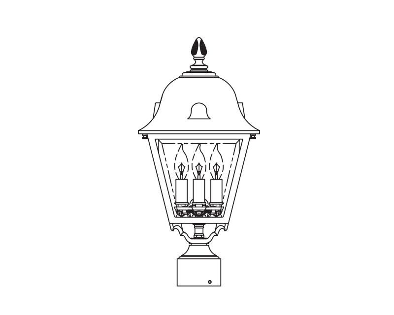 Jefferson, Medium, aluminum, Post Mount, Clear glass, (3) 25W B10, 120V